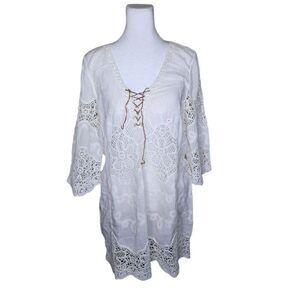 Vintage 70s Gauze Crochet Boho Hippie Lace Up Tunic Dress Womens XL White